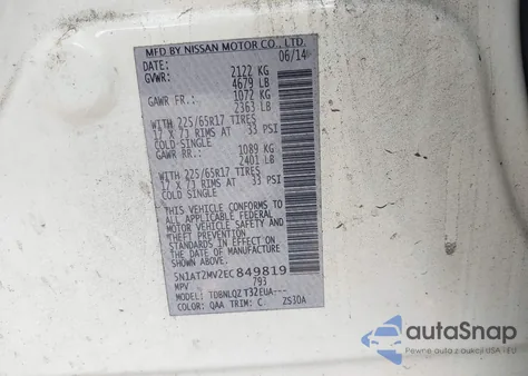 2014 Nissan Rogue Sv z USA, uszkodzony, nr VIN 5N1AT2MV2EC849819